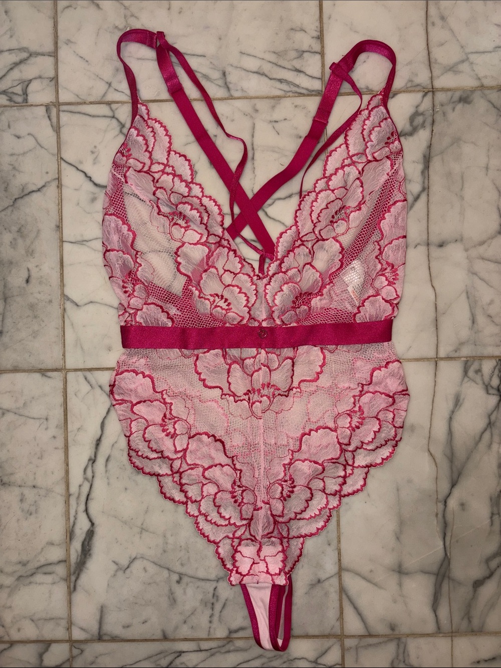 Sheer Fuchsia Lace Plunge Bodysuit with Crisscross Straps
